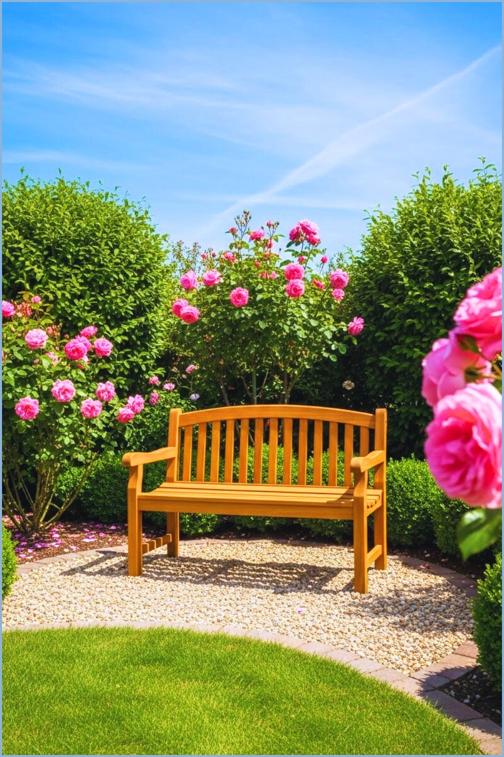 Sunny Backyard Garden With Wooden Bench At Center