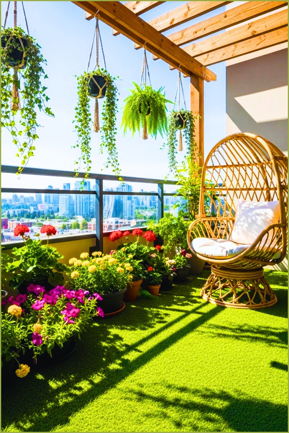 Sunny Balcony With Green Grass Turf Flooring Rattan Chair