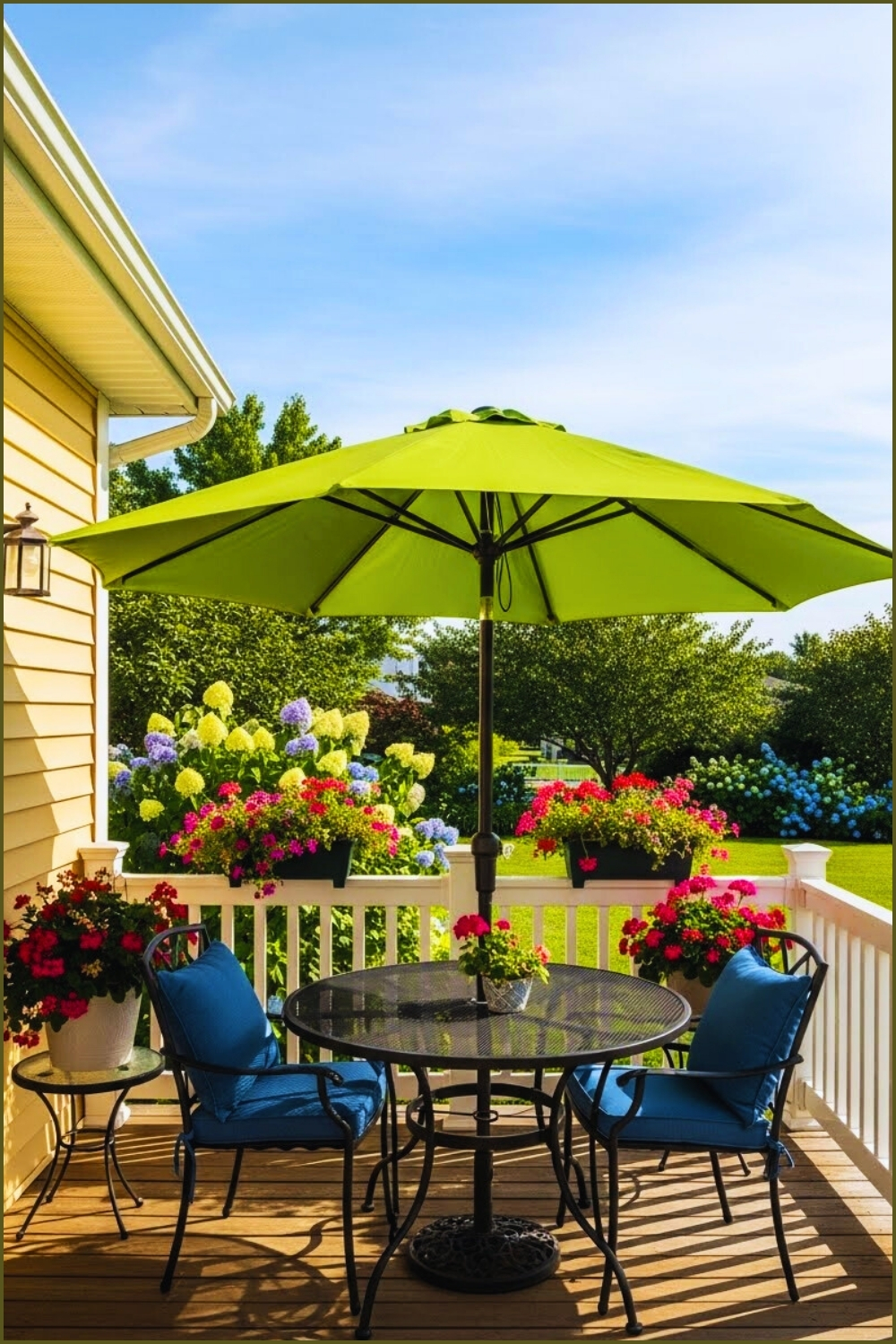 Sunny Outdoor Porch With Large Green Patio Umbrella