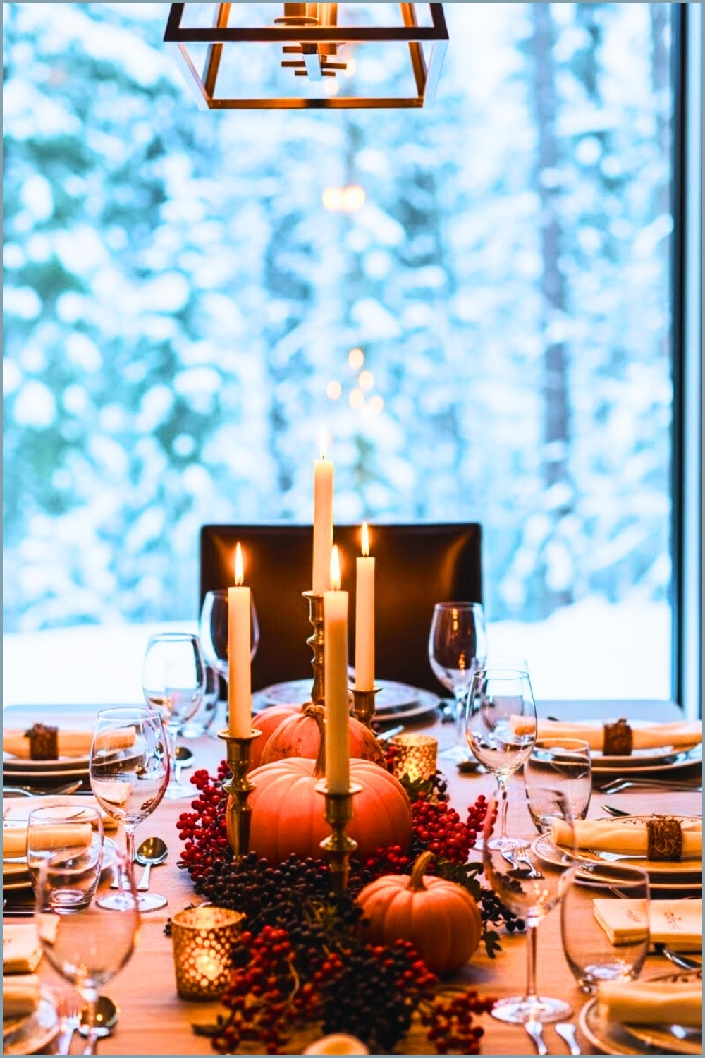 Thanksgiving Dining Table By Large Window, Snowy Forest