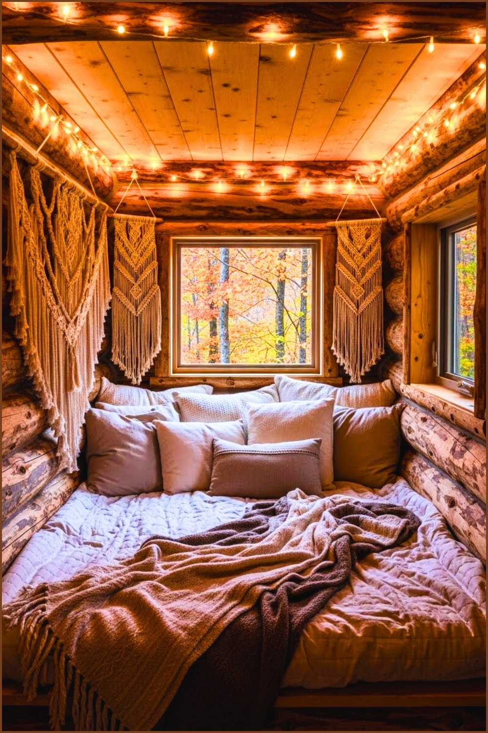 Tiny Cabin Bed Nook With Warm String Lights And Macrame Wall Decor