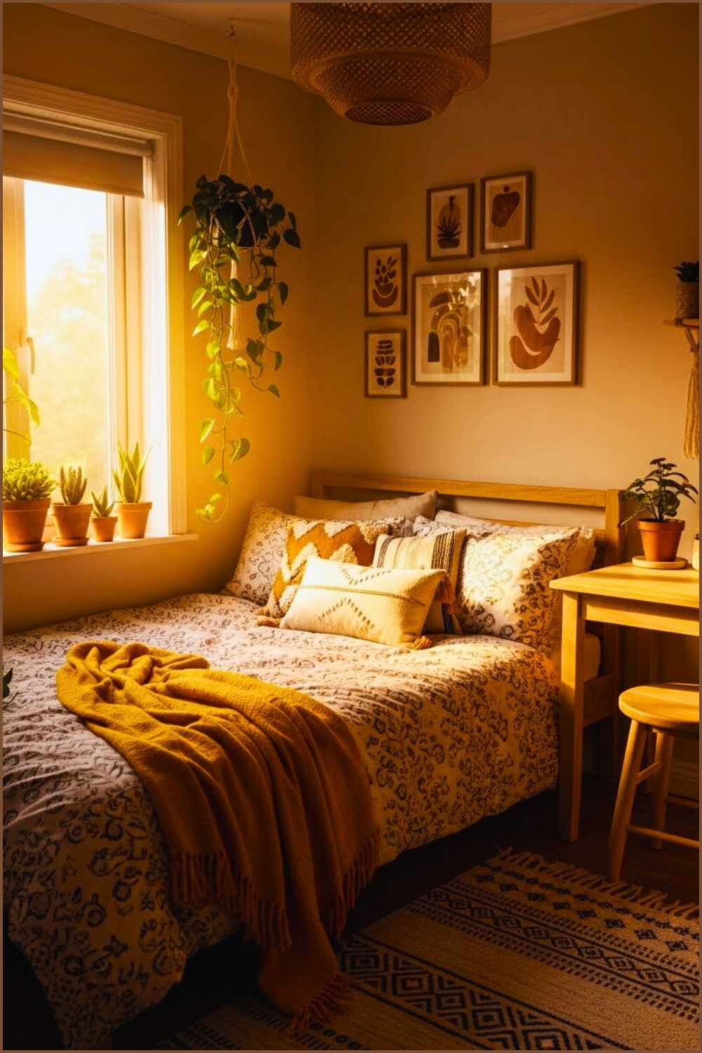 Tiny Cozy Boho Bedroom Warm Golden Sunlight Through Window
