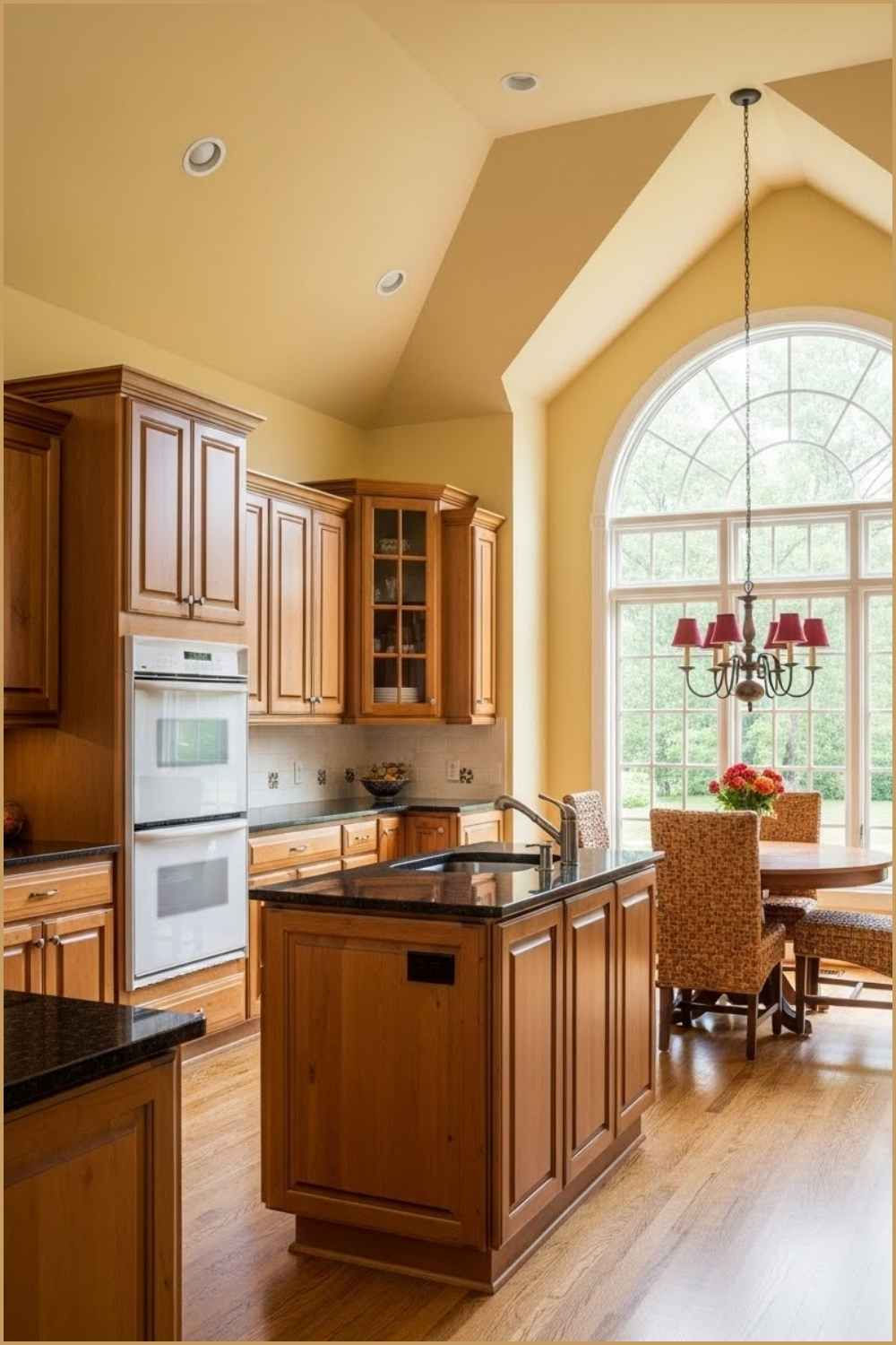 Traditional High Ceiling Kitchen With Warm Honey Toned