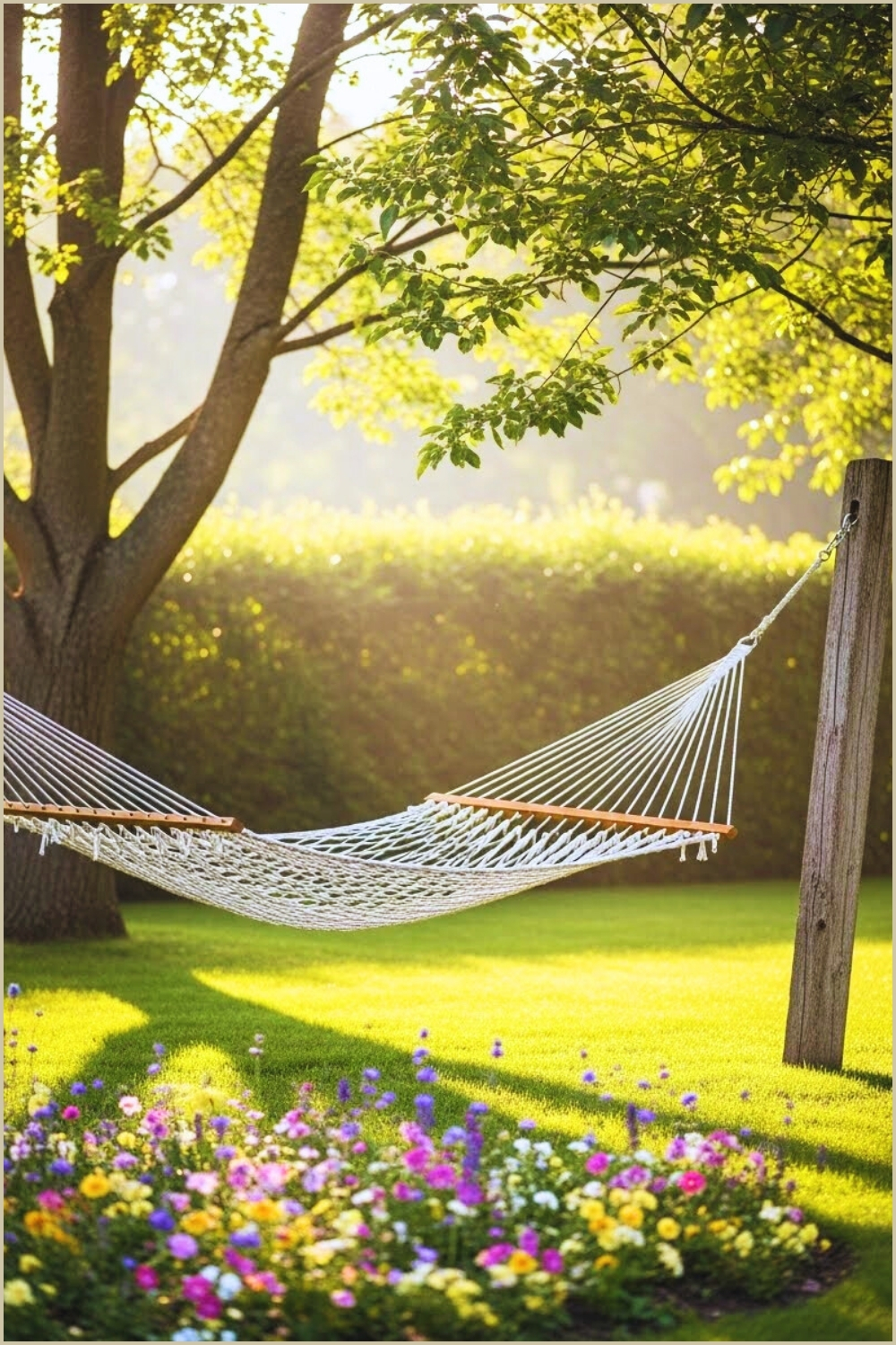 Tranquil Backyard Garden With White Rope Hammock