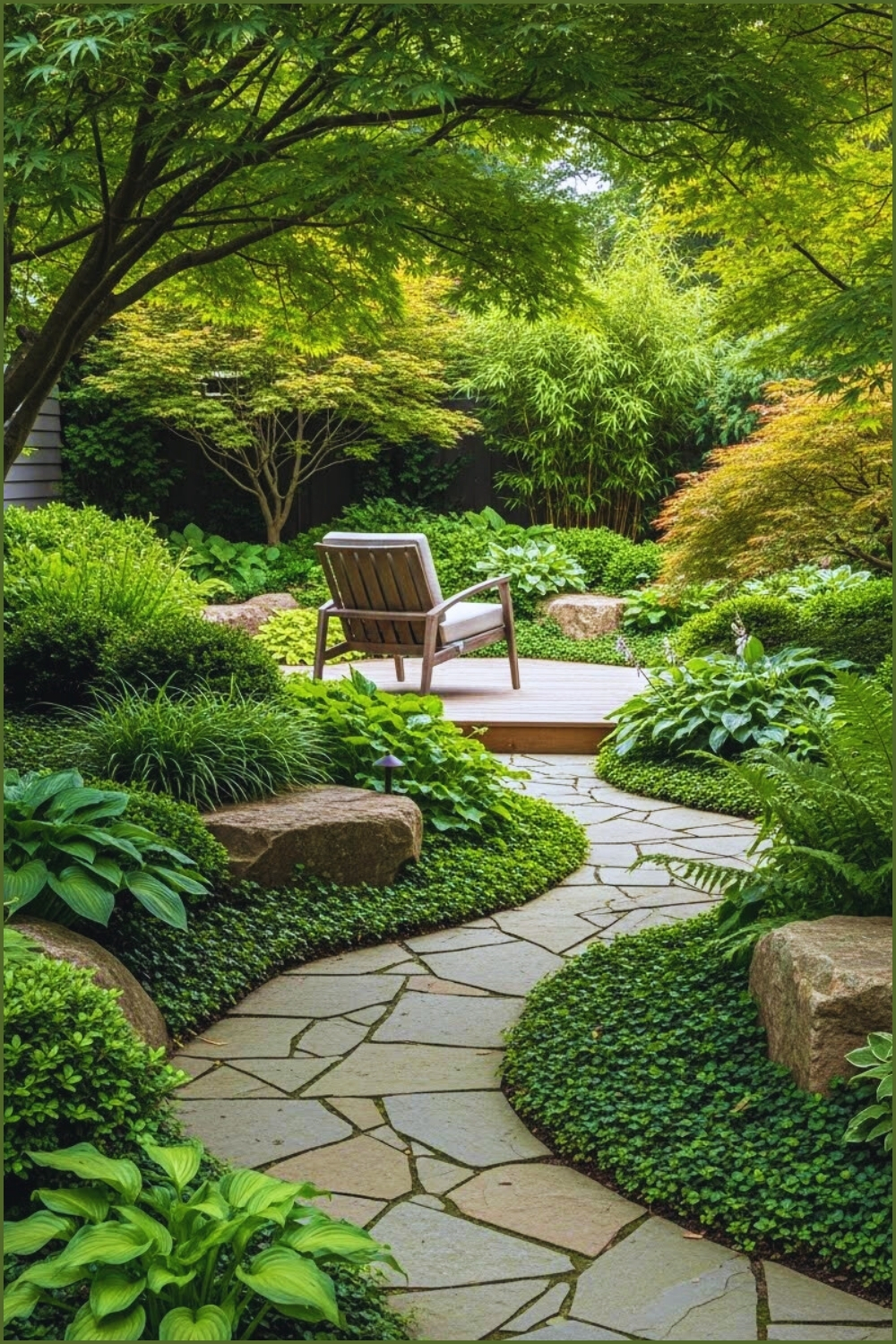Tranquil Garden With Stone Pathway Leading To Wooden Deck