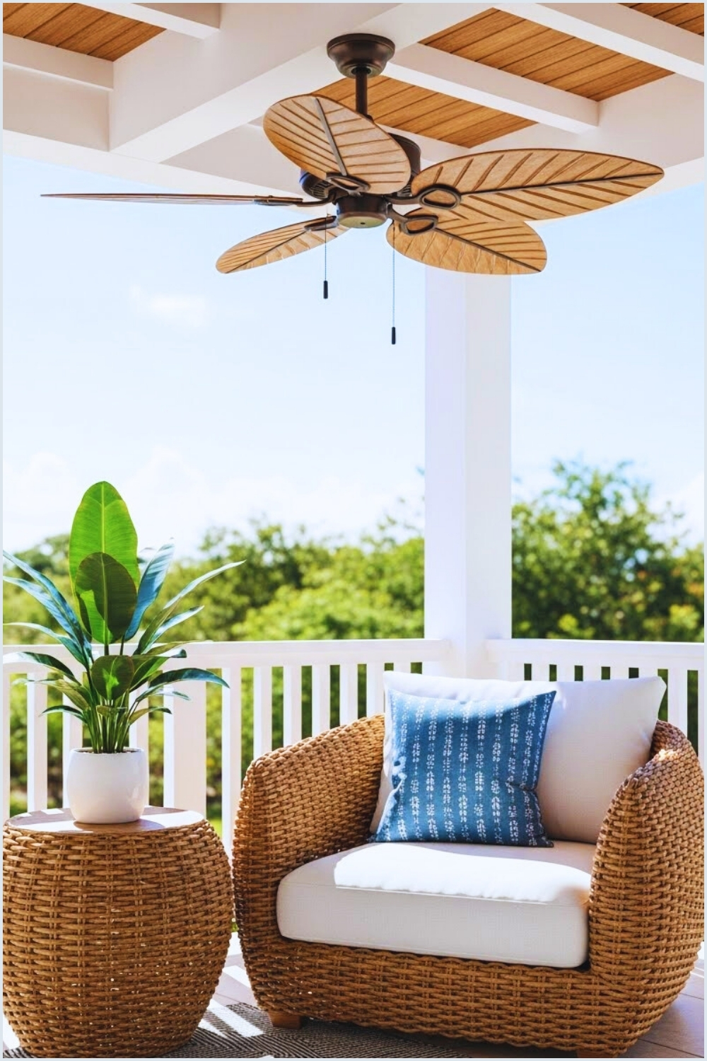 Tropical Inspired Balcony With Wicker Armchair And Cushion