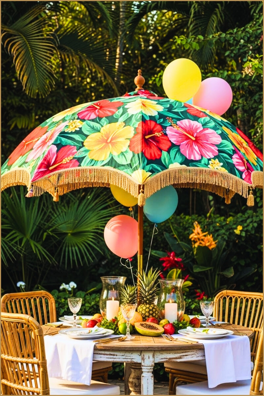 Tropical Outdoor Dining Table With Floral Umbrella