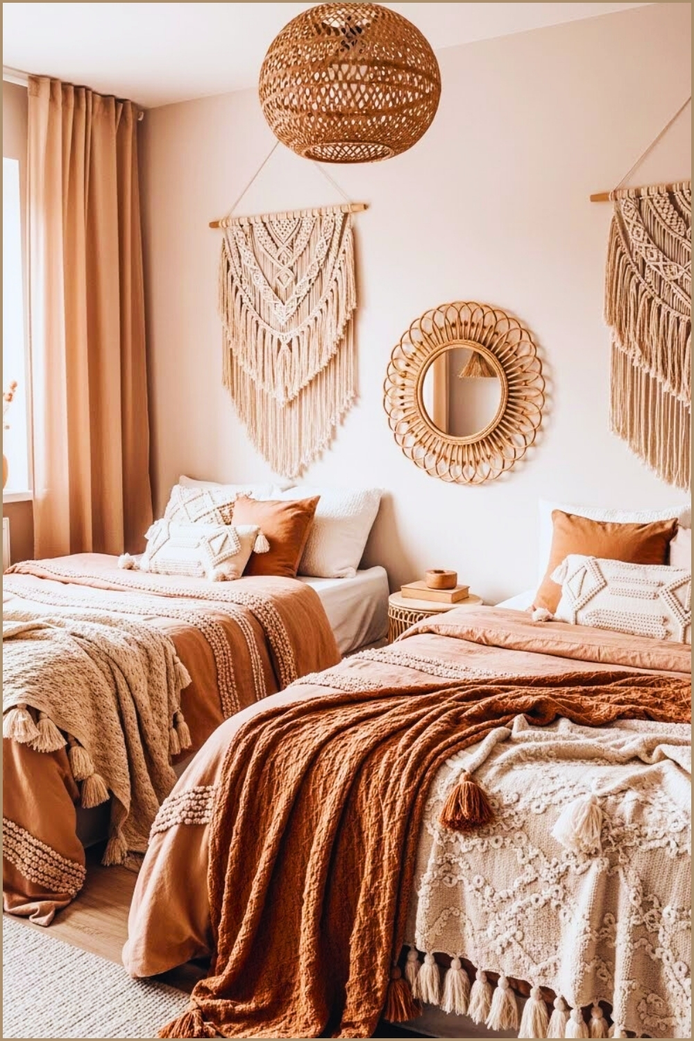 Two Bed Boho Bedroom Blush And Beige Color Palette