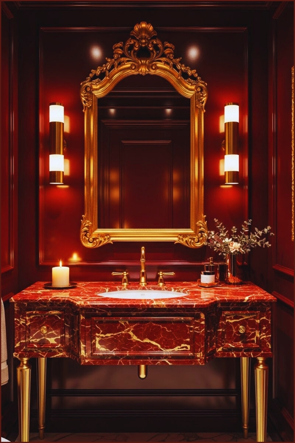 Ultra Luxurious Powder Room With Deep Burgundy Lacquered Walls
