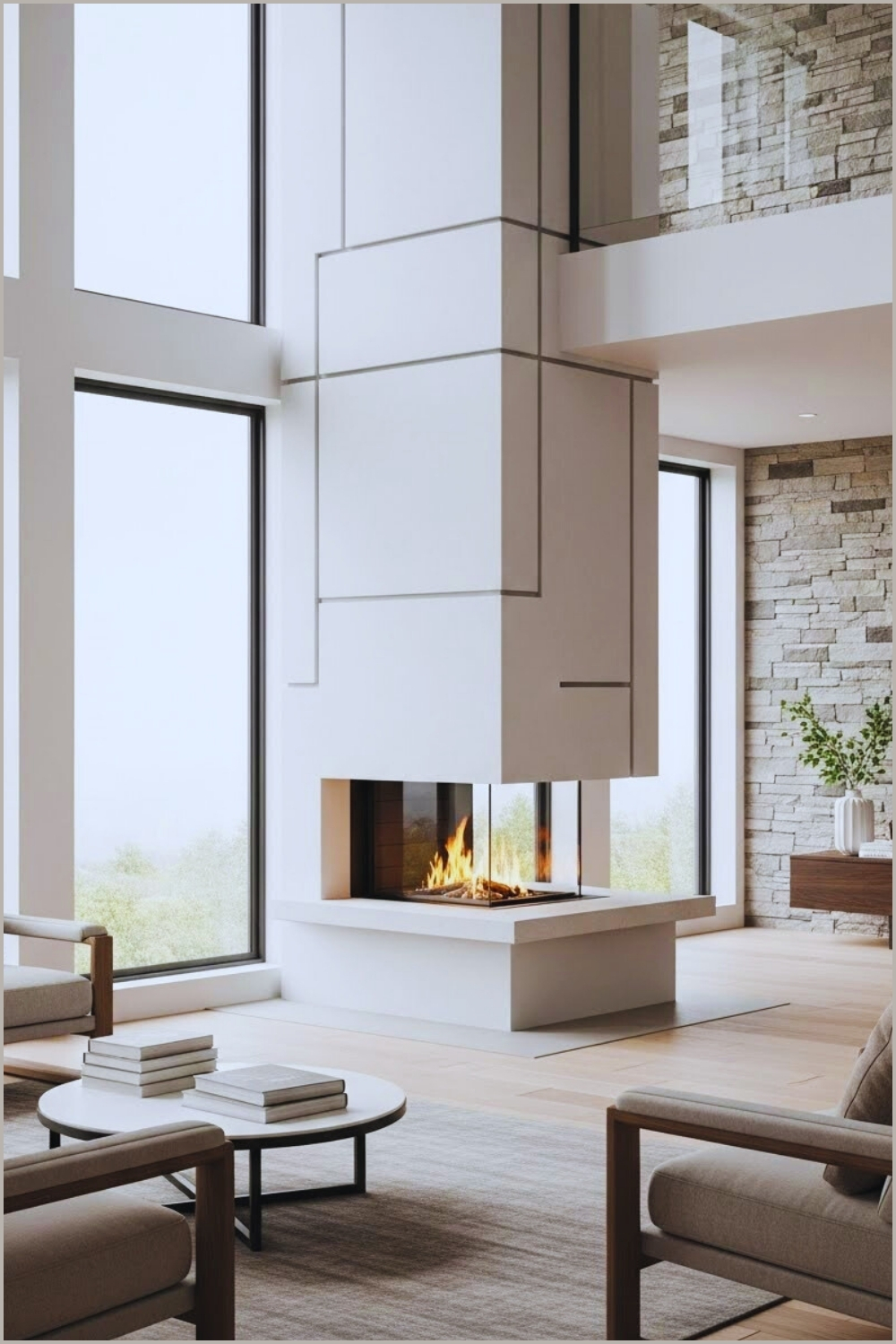 Ultra-modern Living Room Featuring A Two-story Glass Enclosed