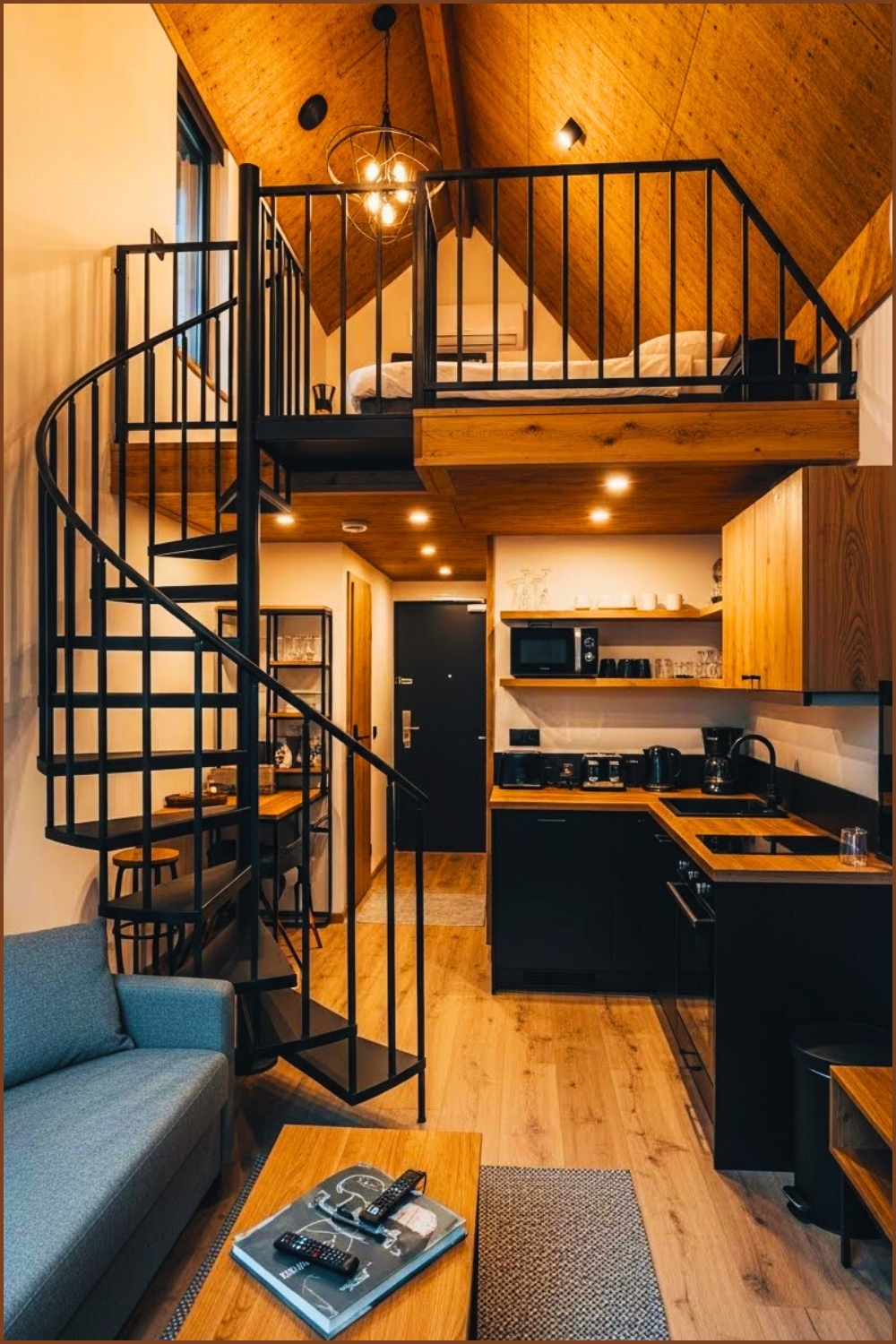Unique Cabin Interior With Black Metal Spiral Staircase