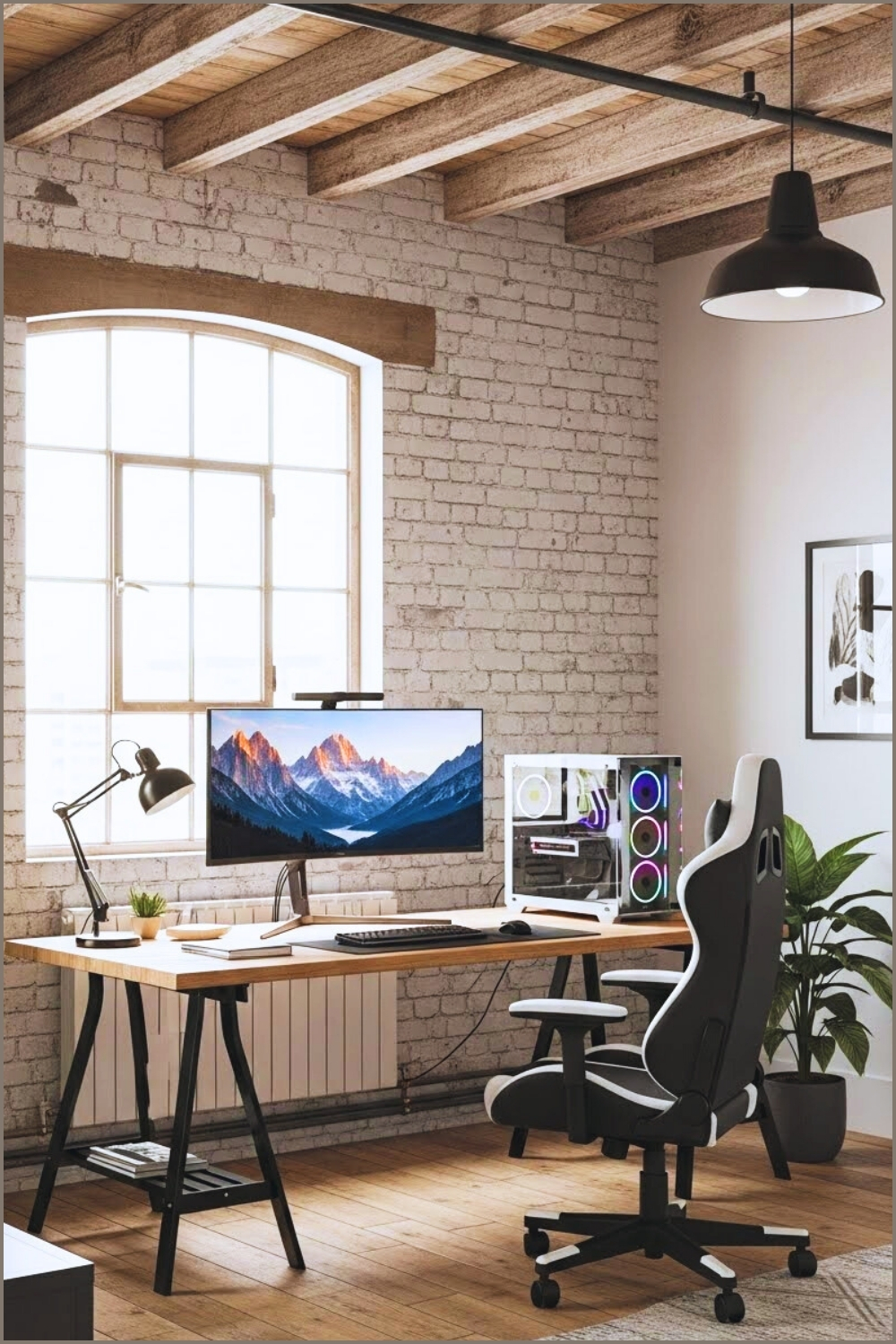 Urban Loft Gaming Workspace Exposed White Brick Walls