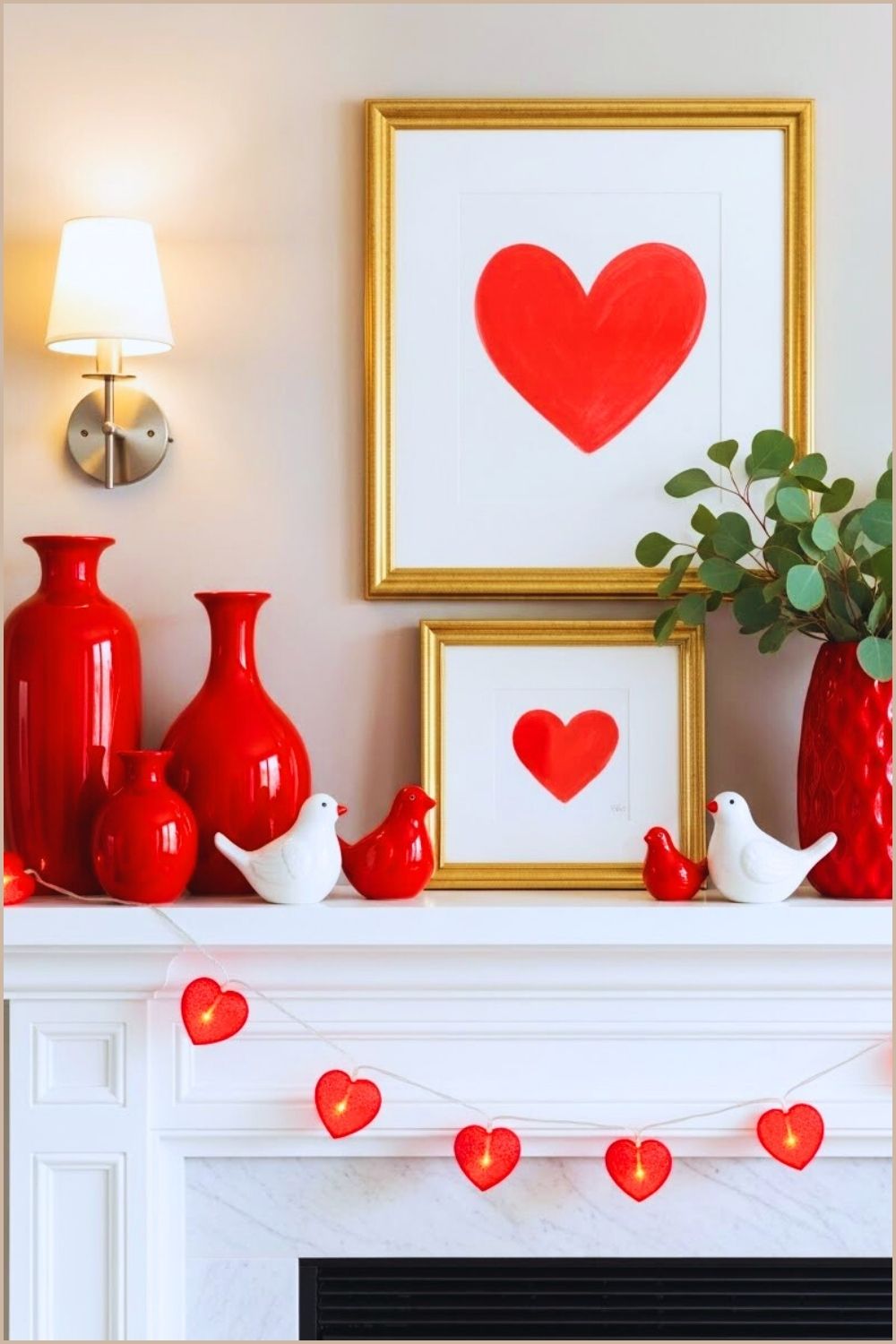 Valentines Day Fireplace Mantel Decor With Bold Red Accents