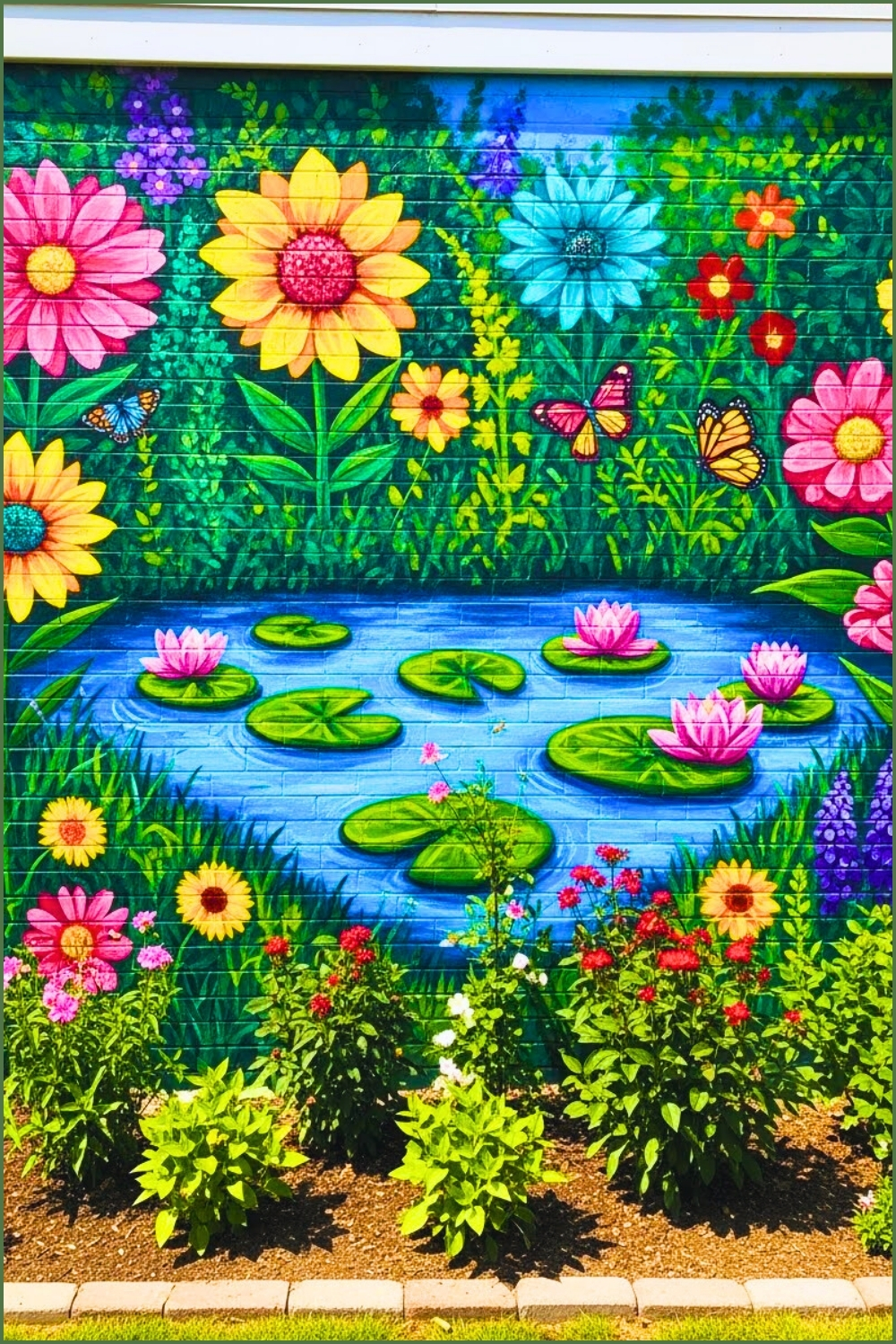 Vibrant Backyard Garden Wall Mural Painted On A Brick Wall