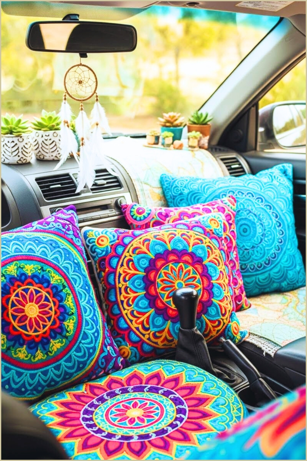 Vibrant Boho Car Interior With Embroidered Ethnic Cushions