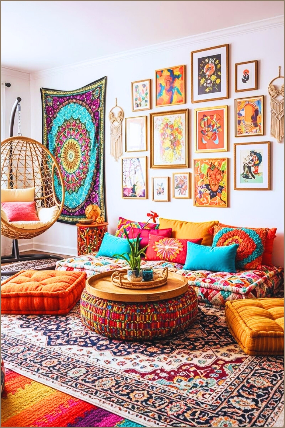 Boho Living Room With Colorful Floor Cushions
