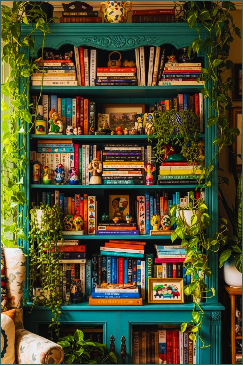 Vibrant Eclectic Home Library Teal Vintage Bookshelf Filled With Books