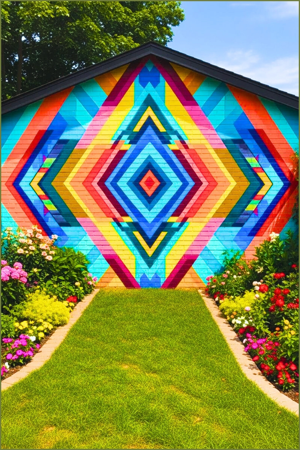 Vibrant Geometric Backyard Wall Mural Painted