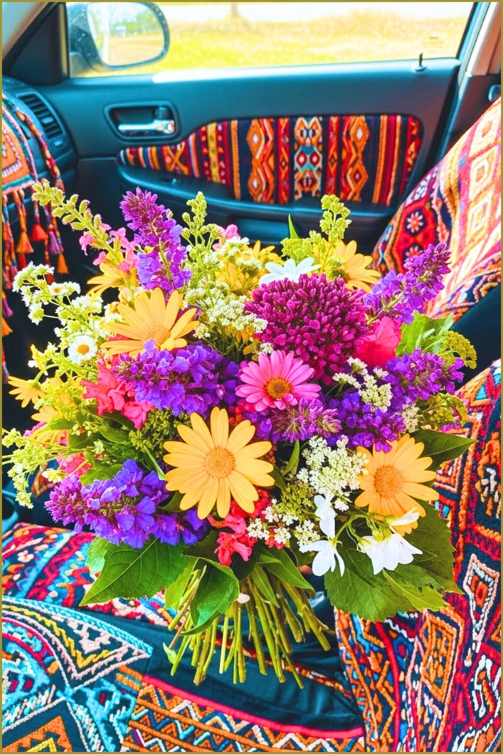 Vibrant Hand Held Bouquet Of Wildflowers In Mixed