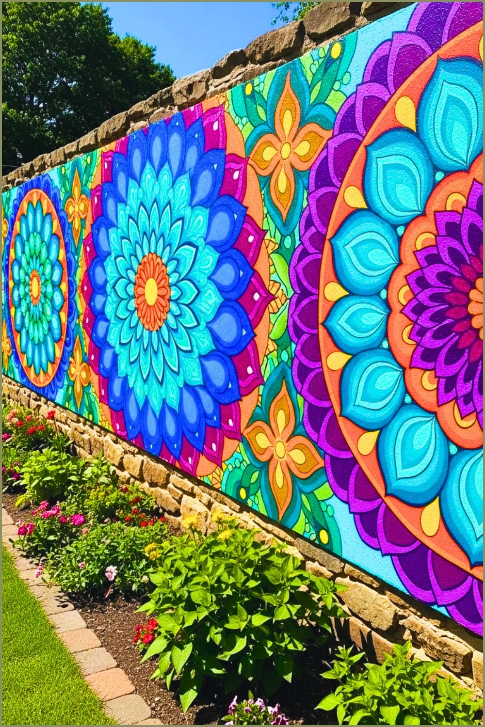 Vibrant Mandala Garden Wall Mural Painted Across A Textured