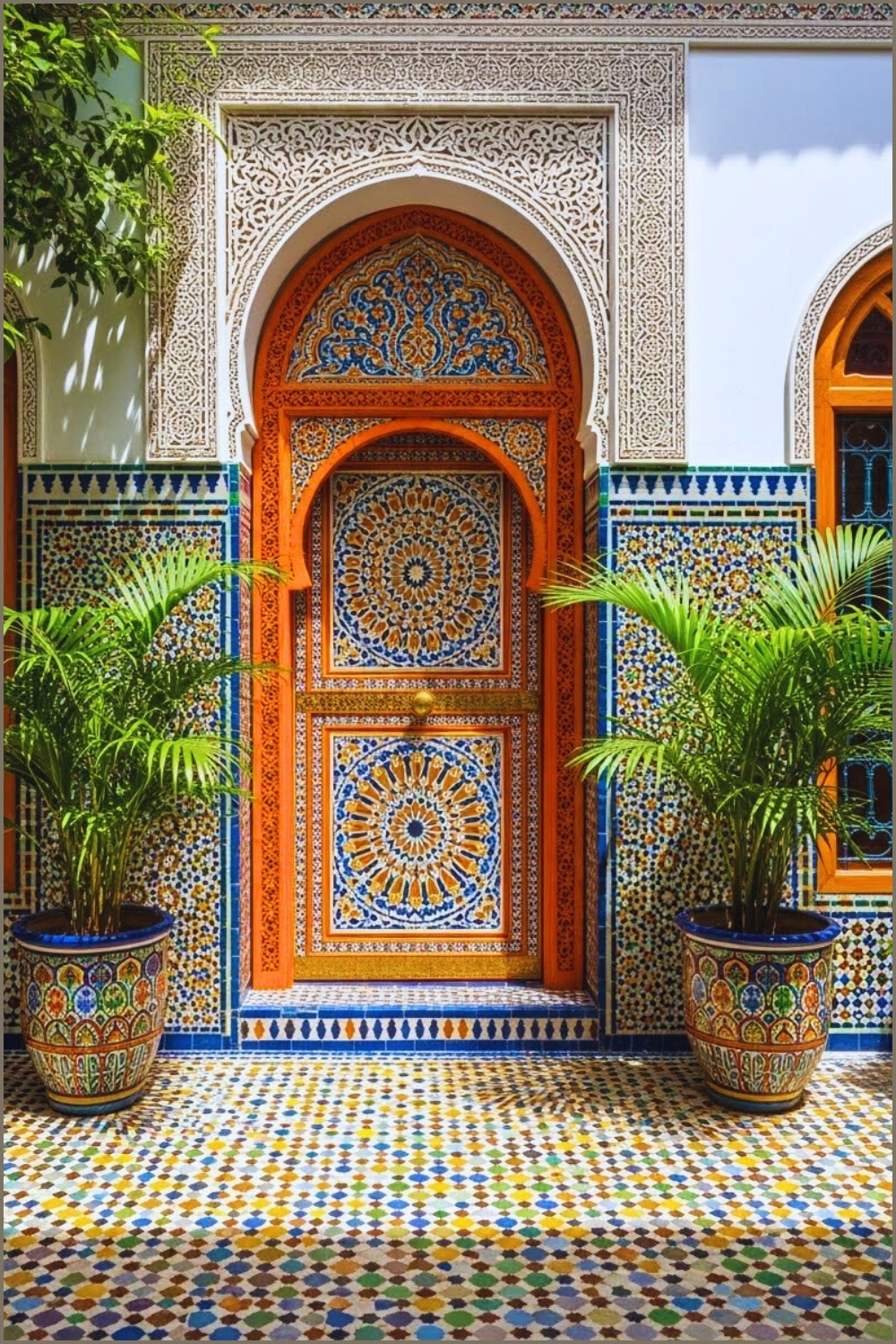 Vibrant Mediterranean Mosaic Entryway With An Ornate Wooden
