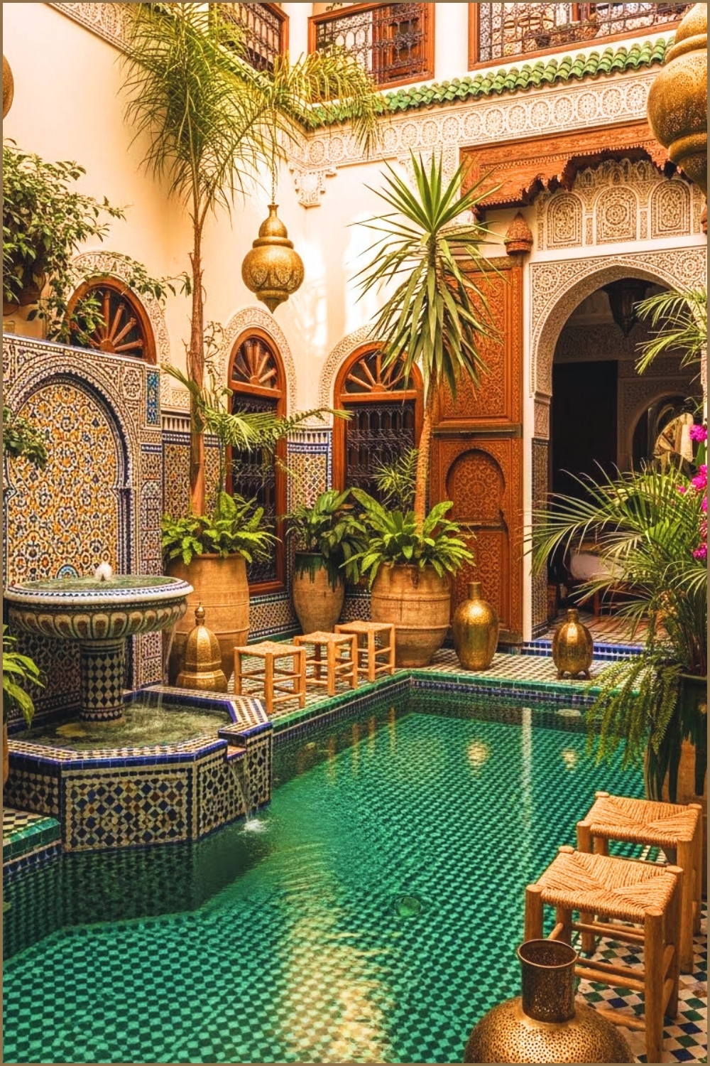 Vibrant Moroccan Courtyard With Intricate Mosaic Tile Fountain