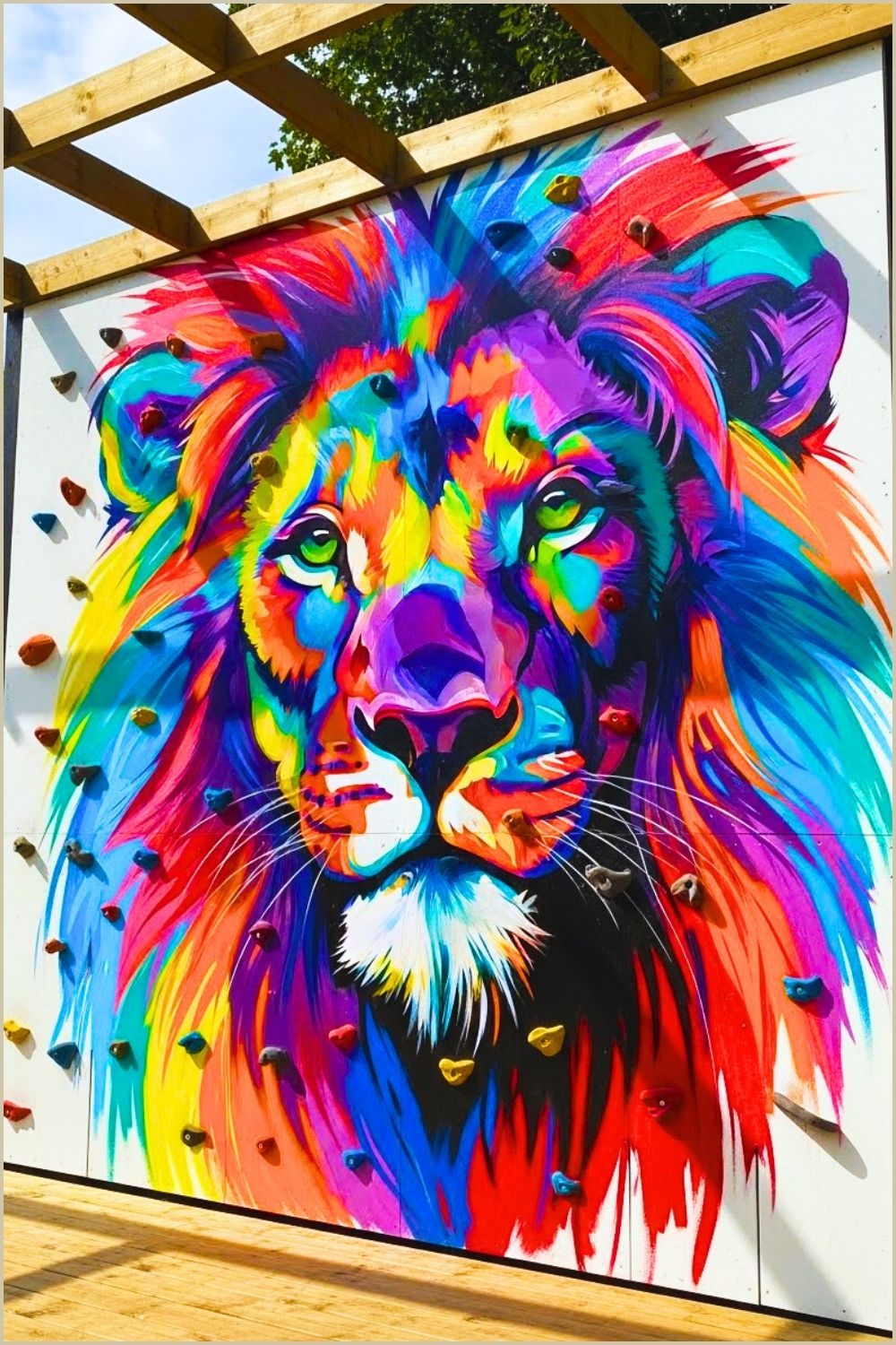 Vibrant Outdoor Climbing Wall Featuring A Large Hand Painted