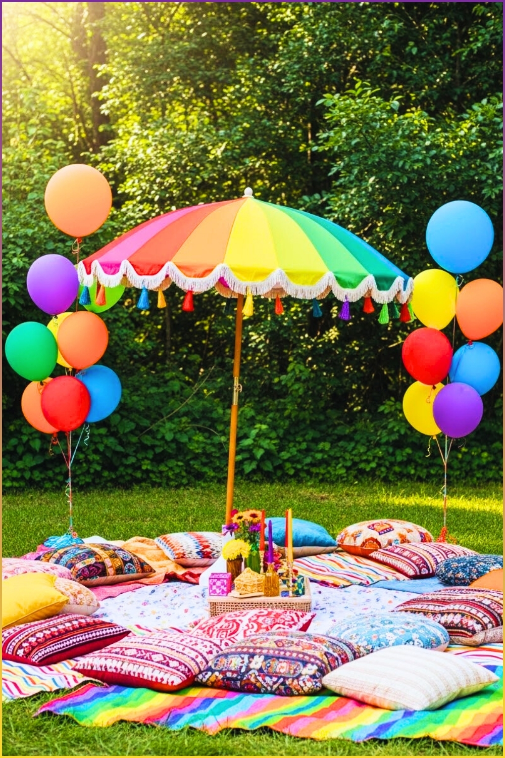 Vibrant Outdoor Picnic Scene With Large Rainbow Parasol