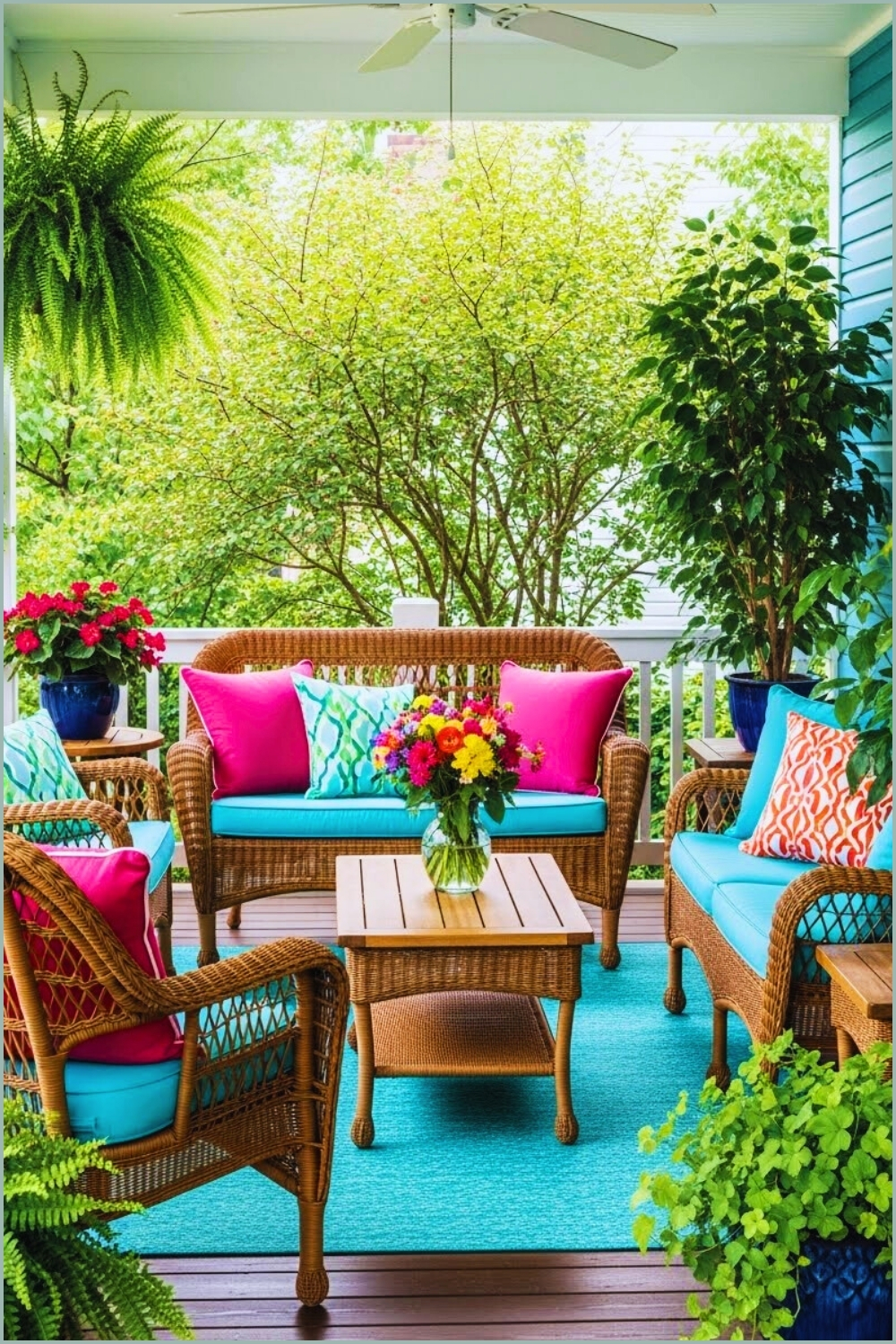 Vibrant Porch With Wicker Seating, Bright Pillows In Pink