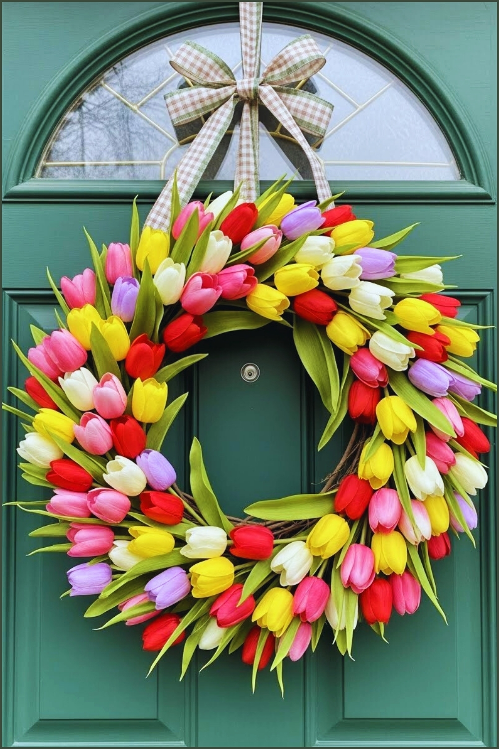 Vibrant Spring Tulip Wreath On Green Front Door