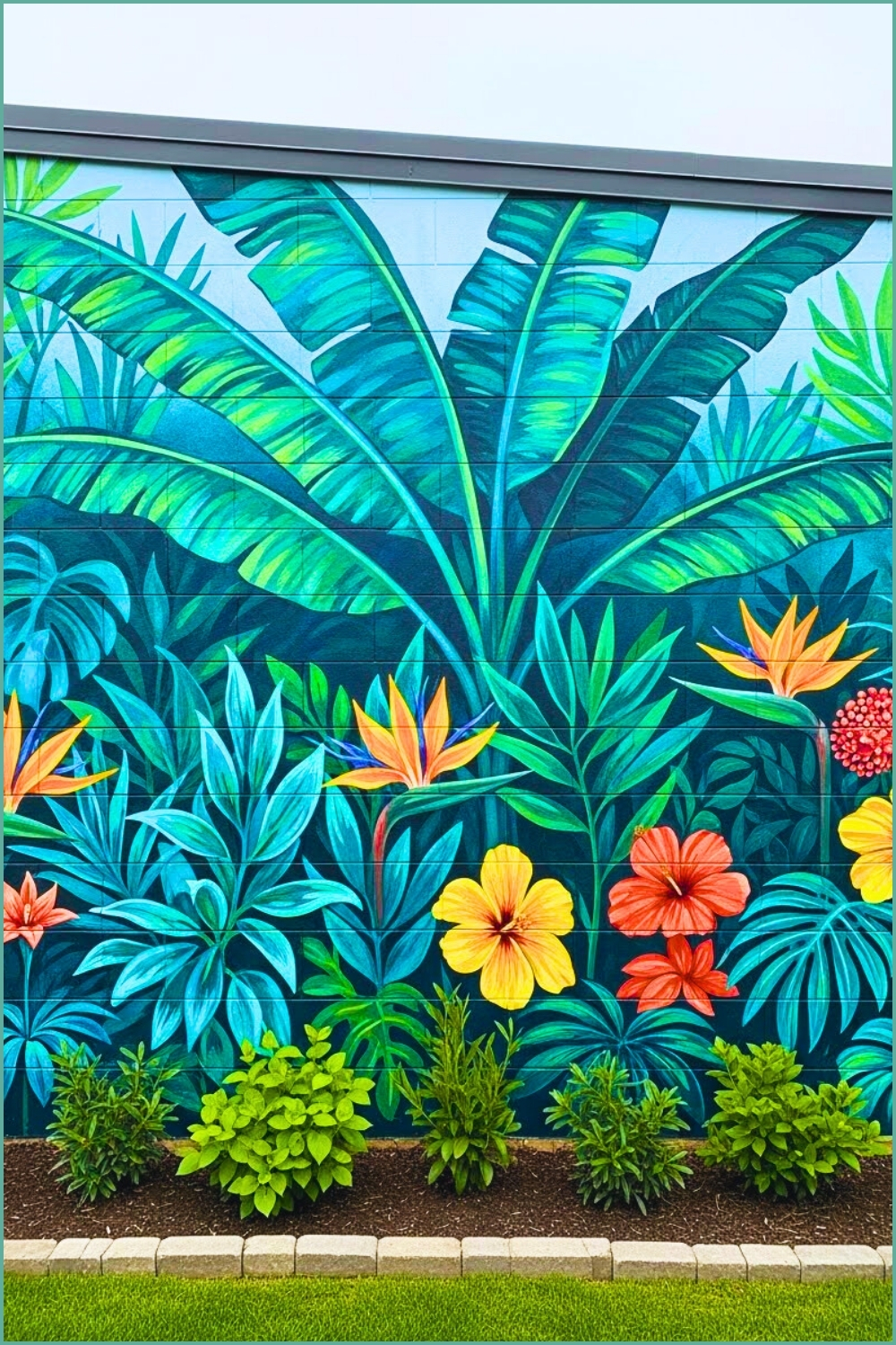 Vibrant Tropical Garden Wall Mural Painted Across A Textured