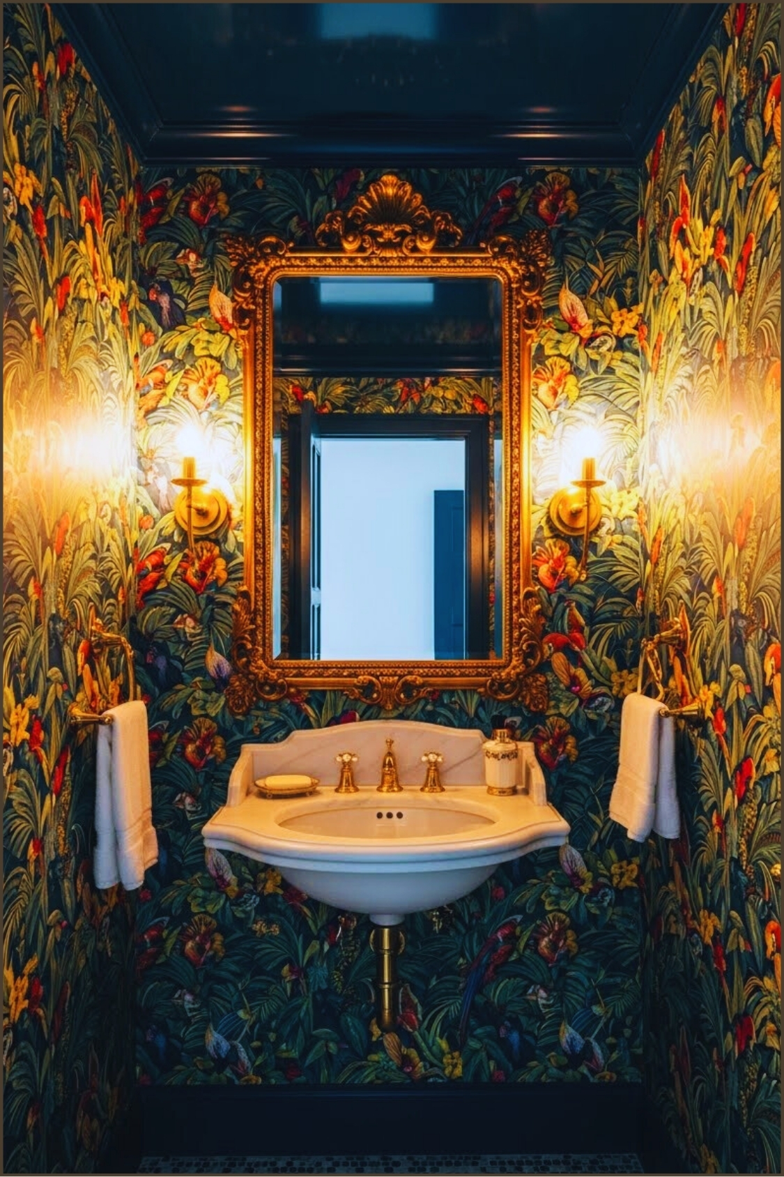 Vibrant Tropical Powder Room With Bold Jungle Wallpaper