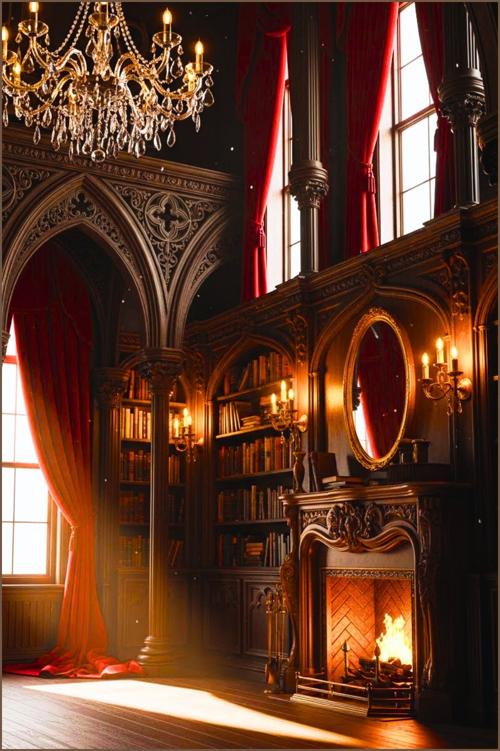 Victorian Gothic Style Home Library Dark Carved Wood Arches