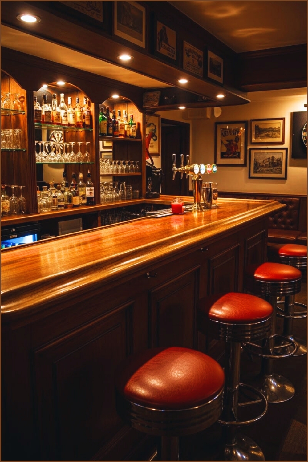 Vintage Basement Bar With Classic Wooden Counter
