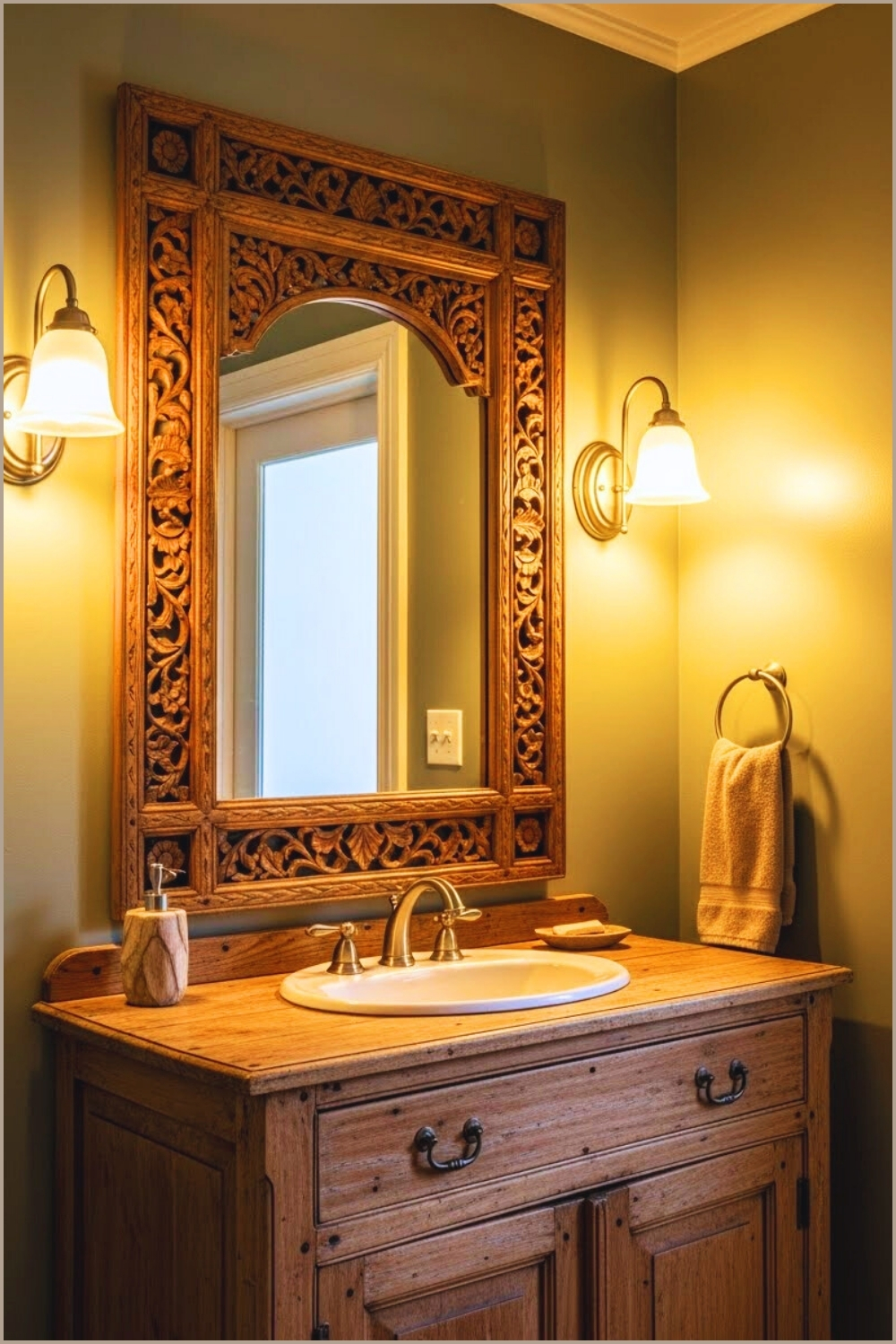 Vintage Boho Bathroom Vanity With Carved Wooden Mirror