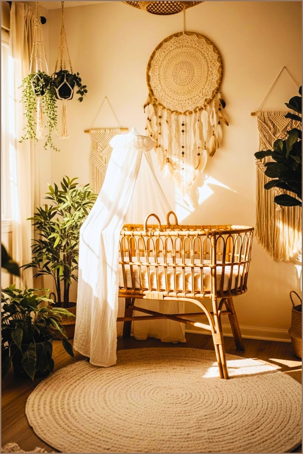 Vintage Boho Nursery, Rattan Wooden Baby Bassinet