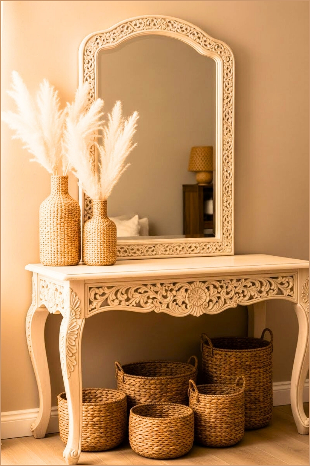Vintage Boho Vanity Table, Cream Ornate Carved Wood