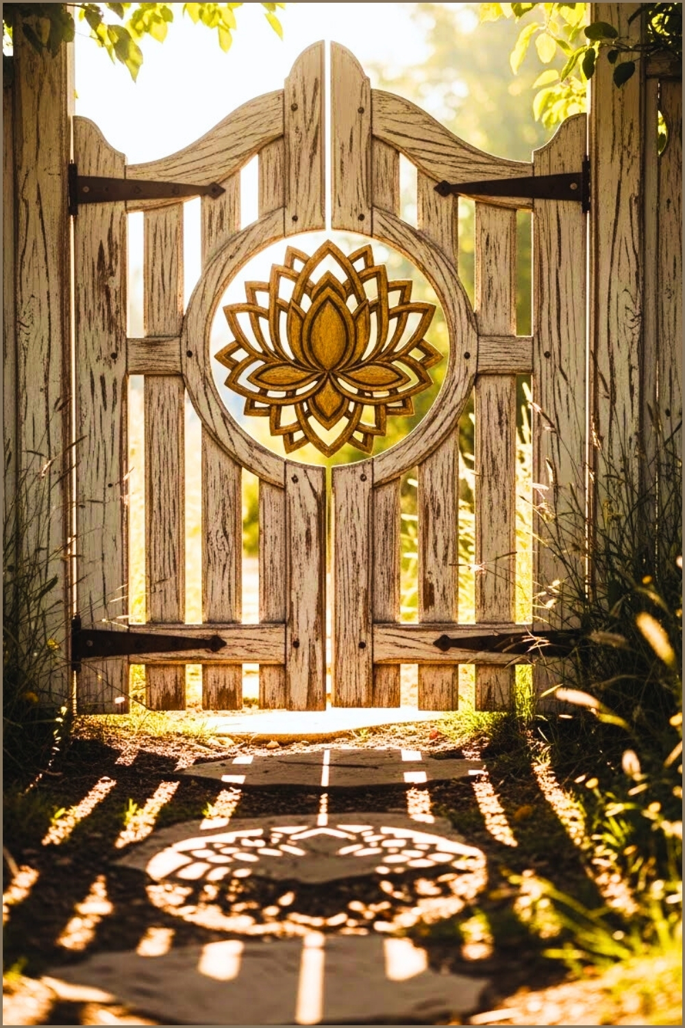 Vintage Distressed White Wooden Gate With Golden Carved Lotus