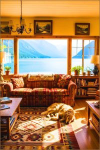 Vintage Lakeside Cabin Living Room Large Windows Facing