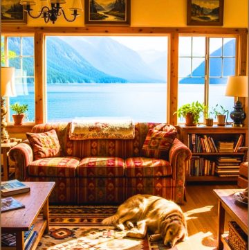 Vintage Lakeside Cabin Living Room Large Windows Facing