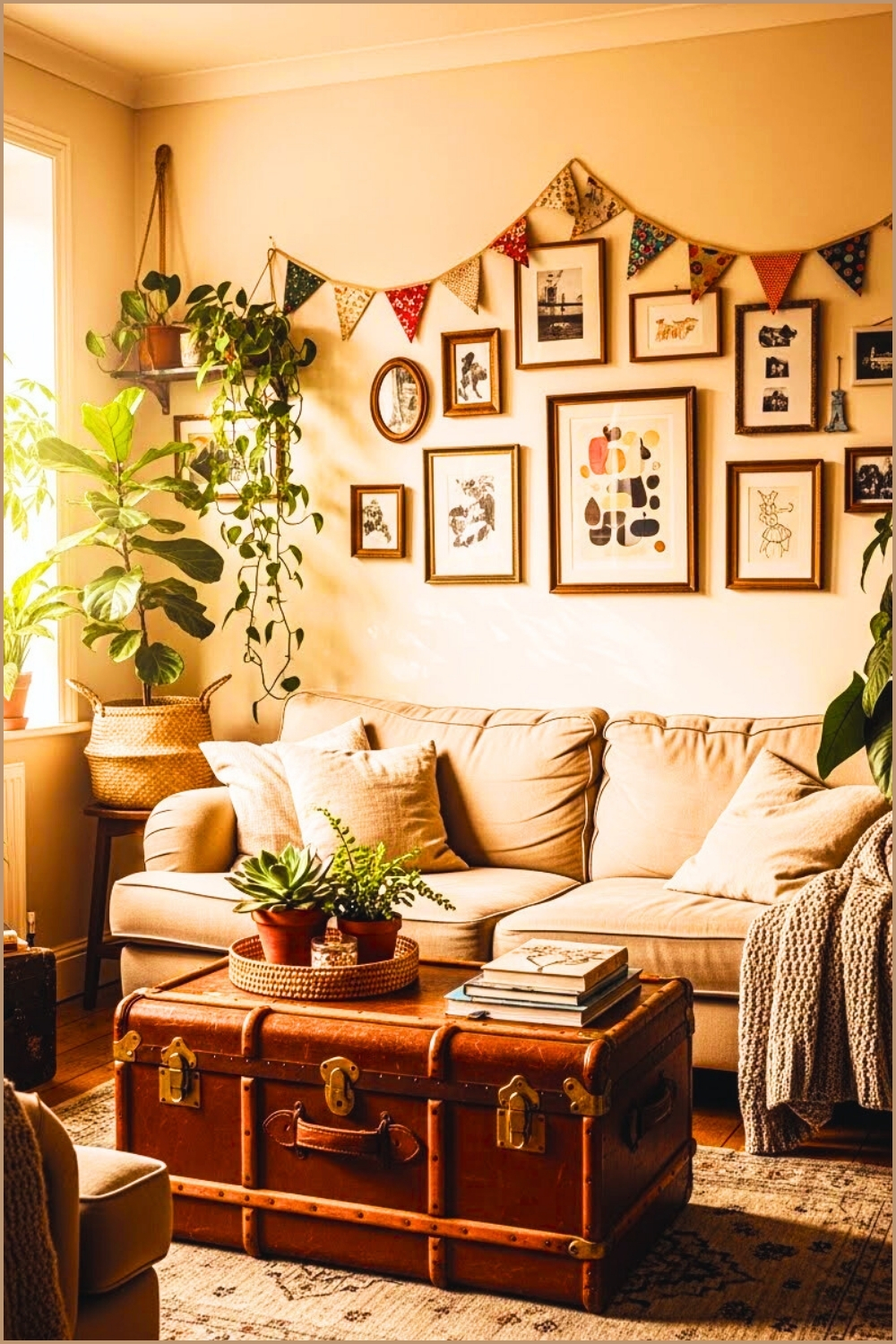 Vintage Living Room With Beige Sofa Brown Leather Trunk