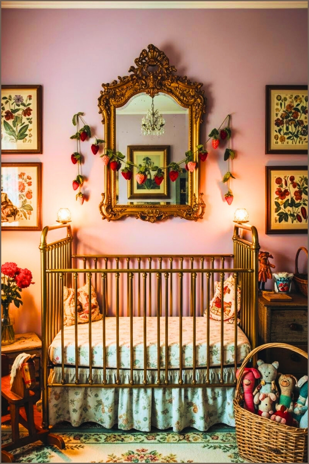 Vintage Nursery Room With Brass Crib, Soft Lilac Painted Walls