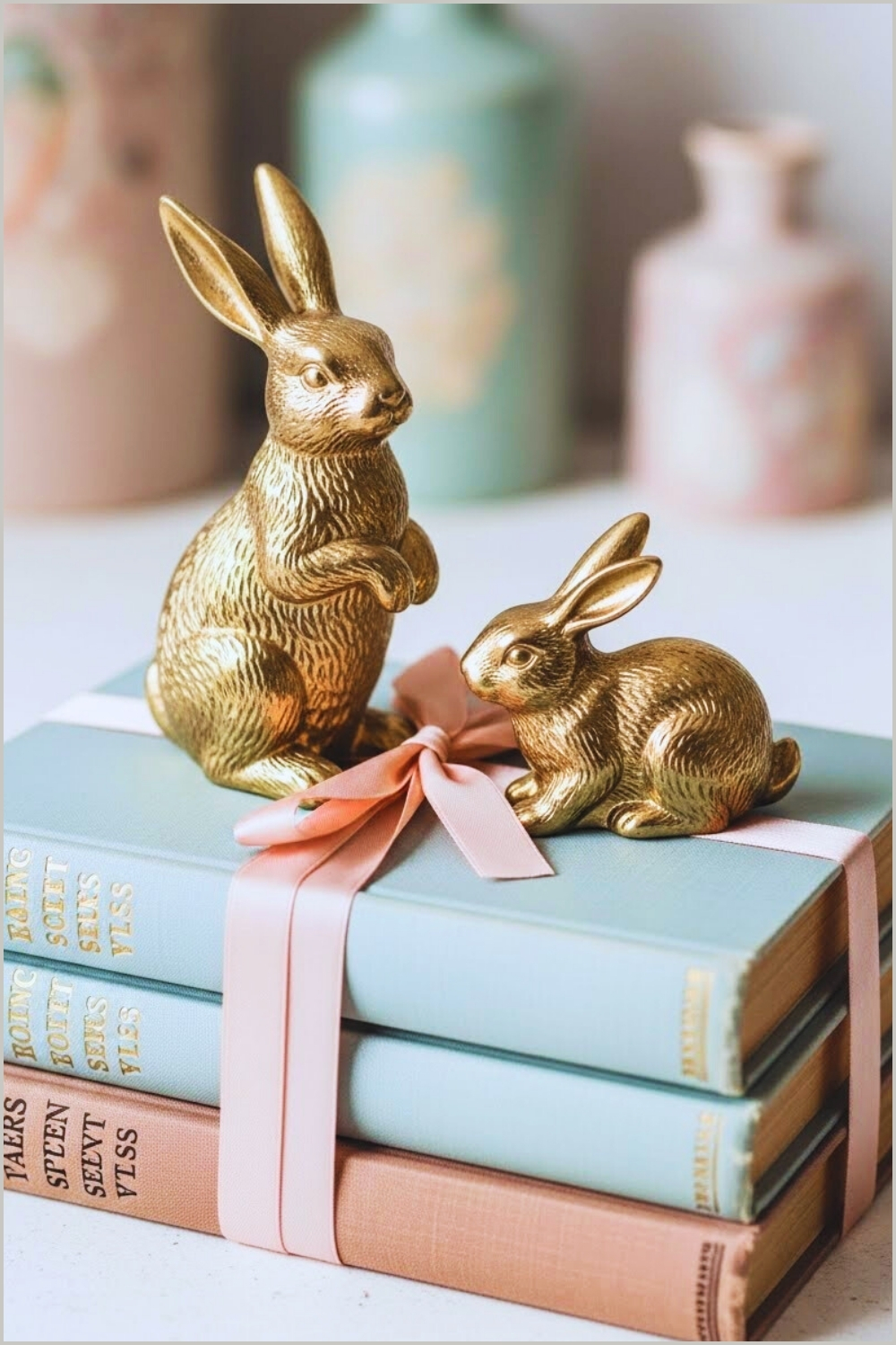 Vintage Spring Vignette With Gold Rabbit Figurines