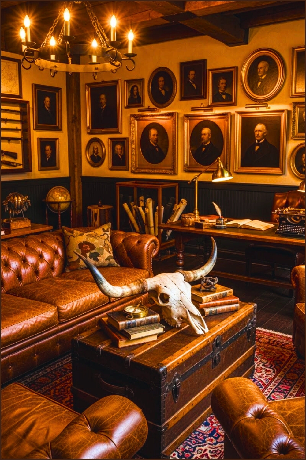 Vintage Western Study Room, Leather Chesterfield Sofa Set