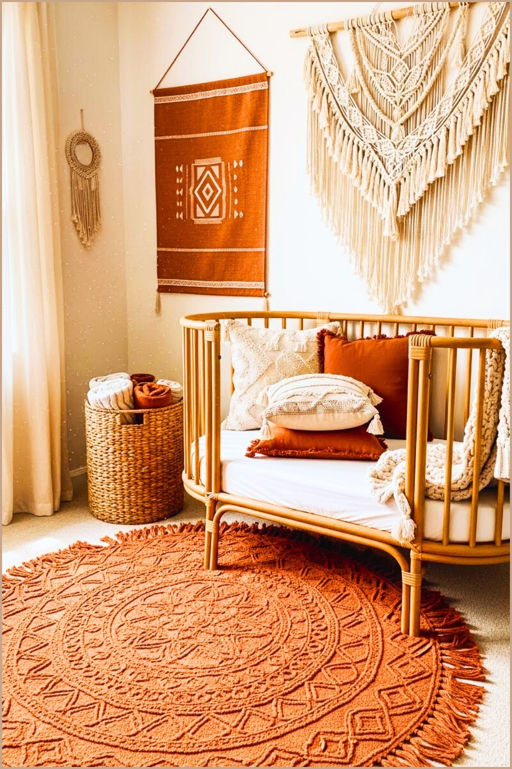 Warm Bohemian Nursery Interior Rattan Crib Soft Layered Pillows