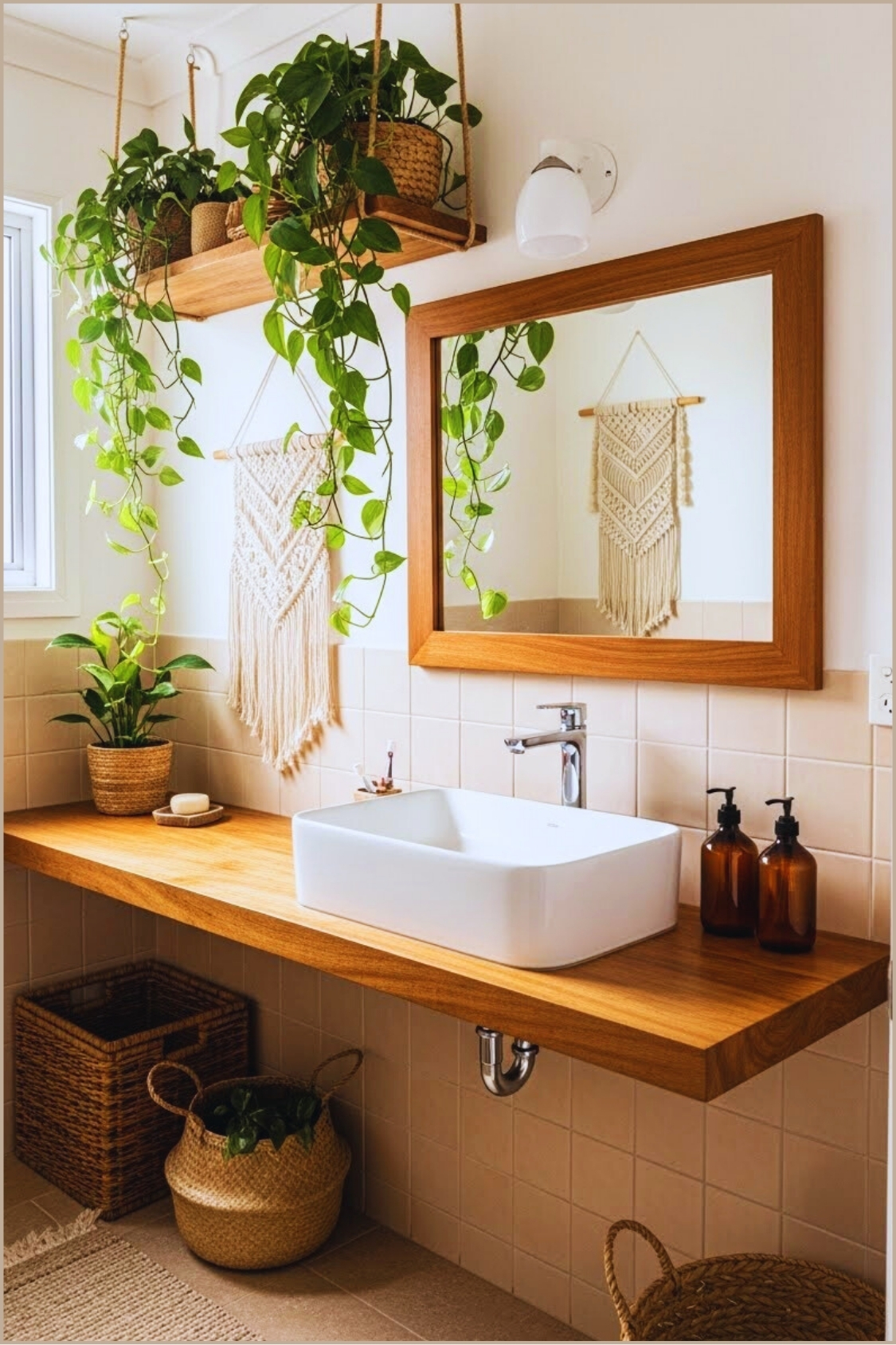 Warm Boho Bathroom Filled With Lush Trailing Plants