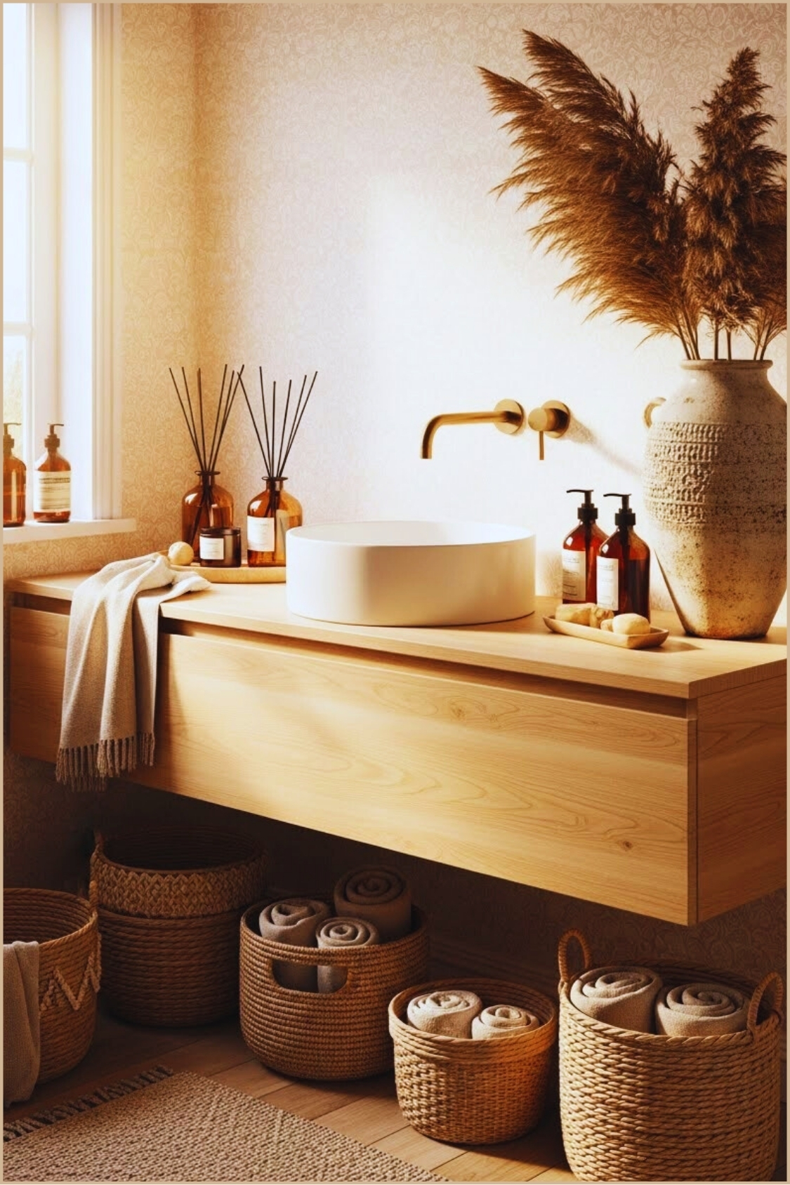 Warm Boho Bathroom With Soft Beige Floral Wallpaper