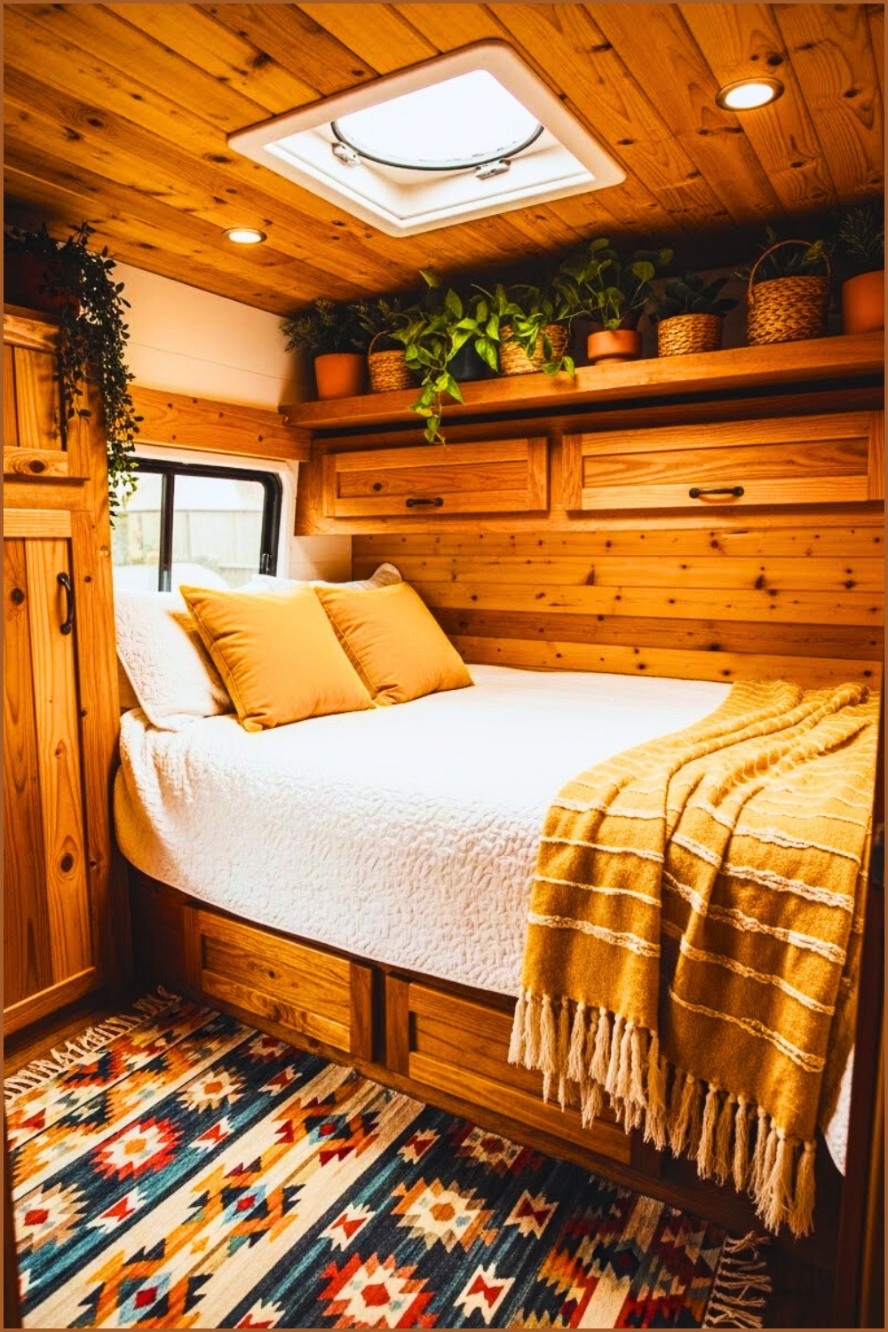 Warm Boho Van Bedroom Interior, Wooden Ceiling And Storage