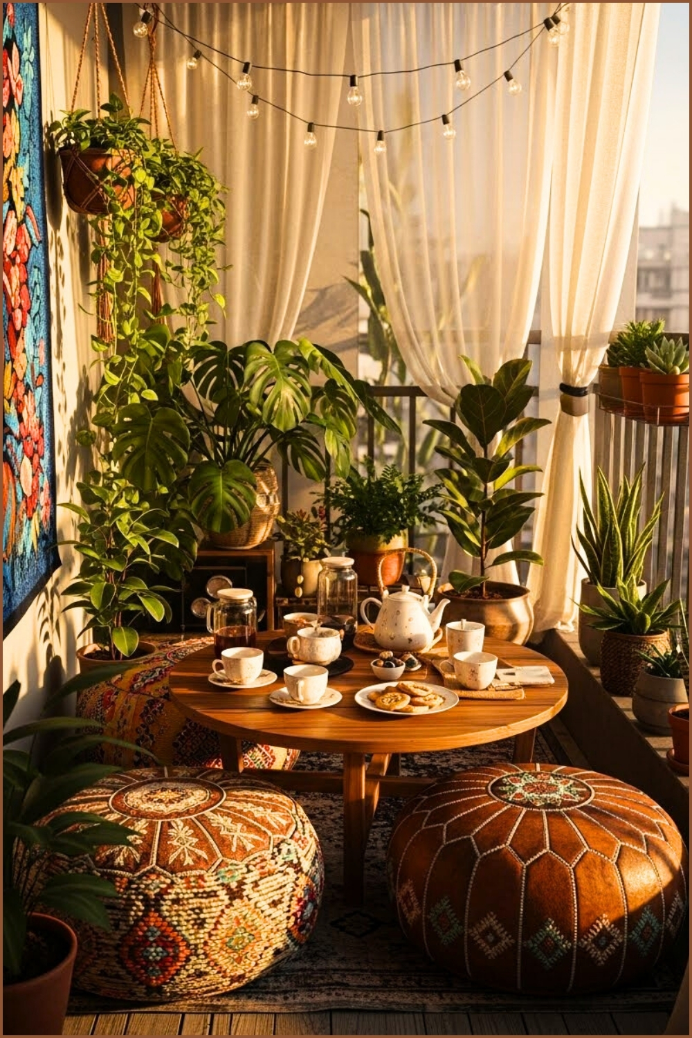 Warm Cozy Balcony Tea Corner, Round Wooden Table