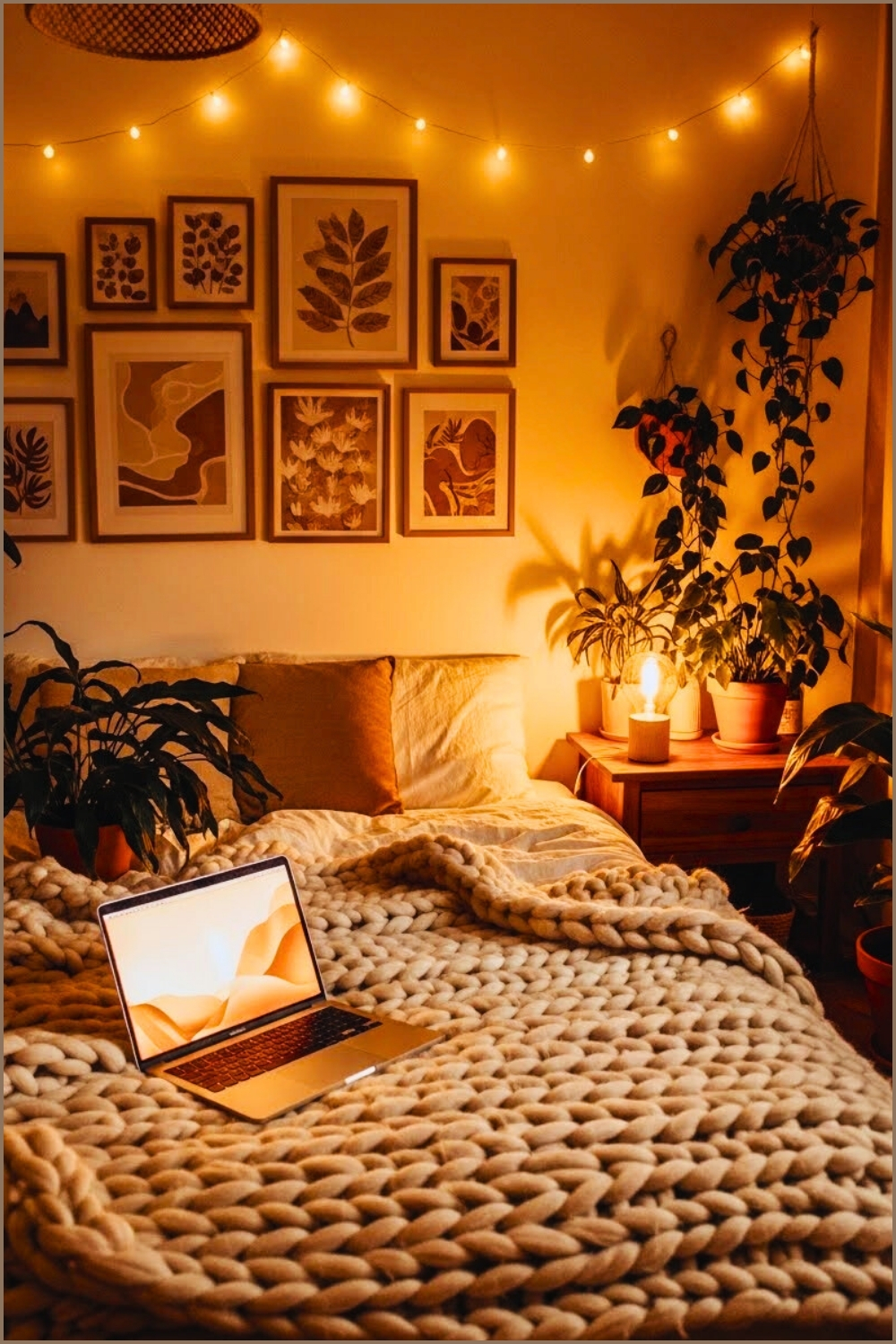 Warm Cozy Bedroom Chunky Knitted Blanket Laptop On Bed